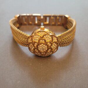 Anne Klein Vintage Gold-Tone Ladies Wristwatch Crystal Floral Cover Mesh Bracele